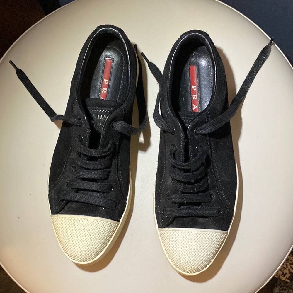 Black and white brushed leather low top sports Prada sneakers size 6